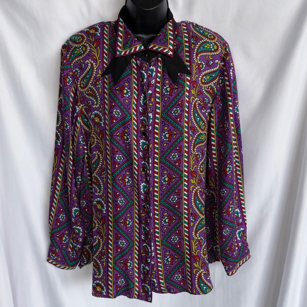 Bob Mackie Silk Blouse, Floral & Paisley, sz L, 22”PTP, 27”L